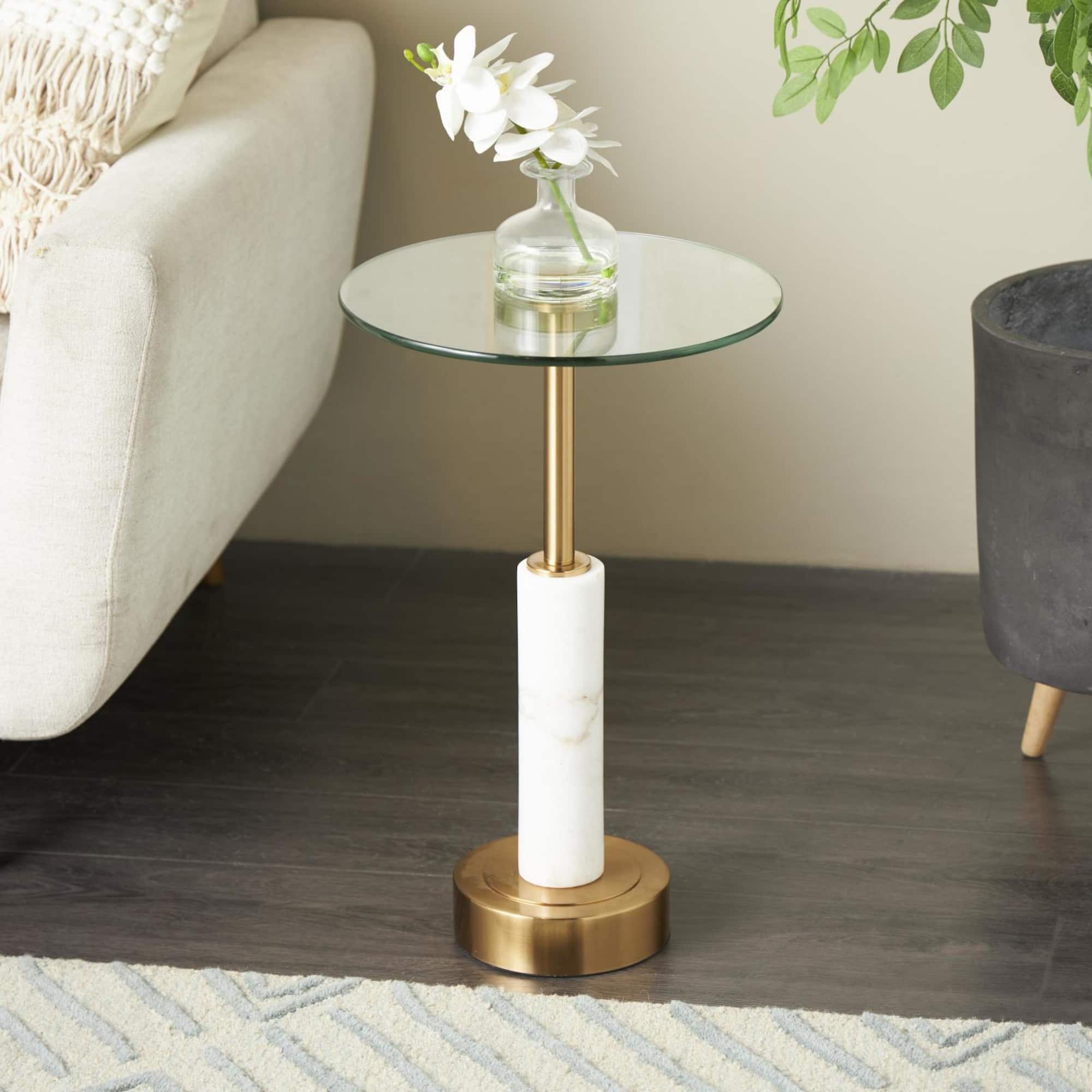 22" White Marble Round Accent Table with Gold Metal Rod & Base